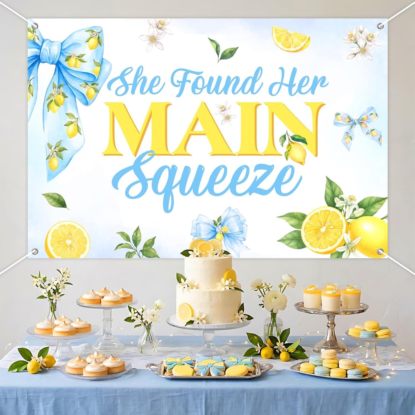 Blue Bow Lemon Bridal Shower Backdrop for Bride She Found Her Main Squeeze Party Decoration Vinyl Photo Booth Banner with Grommets and 19.7ft White Ribbon for Bachelorette Event Decor