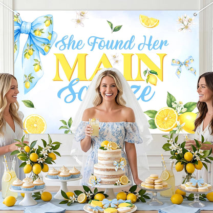 Blue Bow Lemon Bridal Shower Backdrop for Bride She Found Her Main Squeeze Party Decoration Vinyl Photo Booth Banner with Grommets and 19.7ft White Ribbon for Bachelorette Event Decor