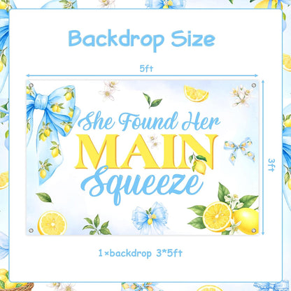 Blue Bow Lemon Bridal Shower Backdrop for Bride She Found Her Main Squeeze Party Decoration Vinyl Photo Booth Banner with Grommets and 19.7ft White Ribbon for Bachelorette Event Decor