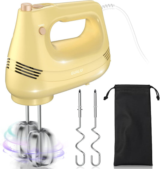 Electric Hand Mixer with Stainless Steel Whisk, Dough Hook Attachment and Storage Bag, Handheld Mixer for Baking Cakes, Eggs, Cream Food Mixers. Turbo Boost /5 Speed Kitchen Blender Yellow