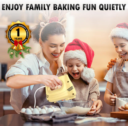 Electric Hand Mixer with Stainless Steel Whisk, Dough Hook Attachment and Storage Bag, Handheld Mixer for Baking Cakes, Eggs, Cream Food Mixers. Turbo Boost /5 Speed Kitchen Blender Yellow