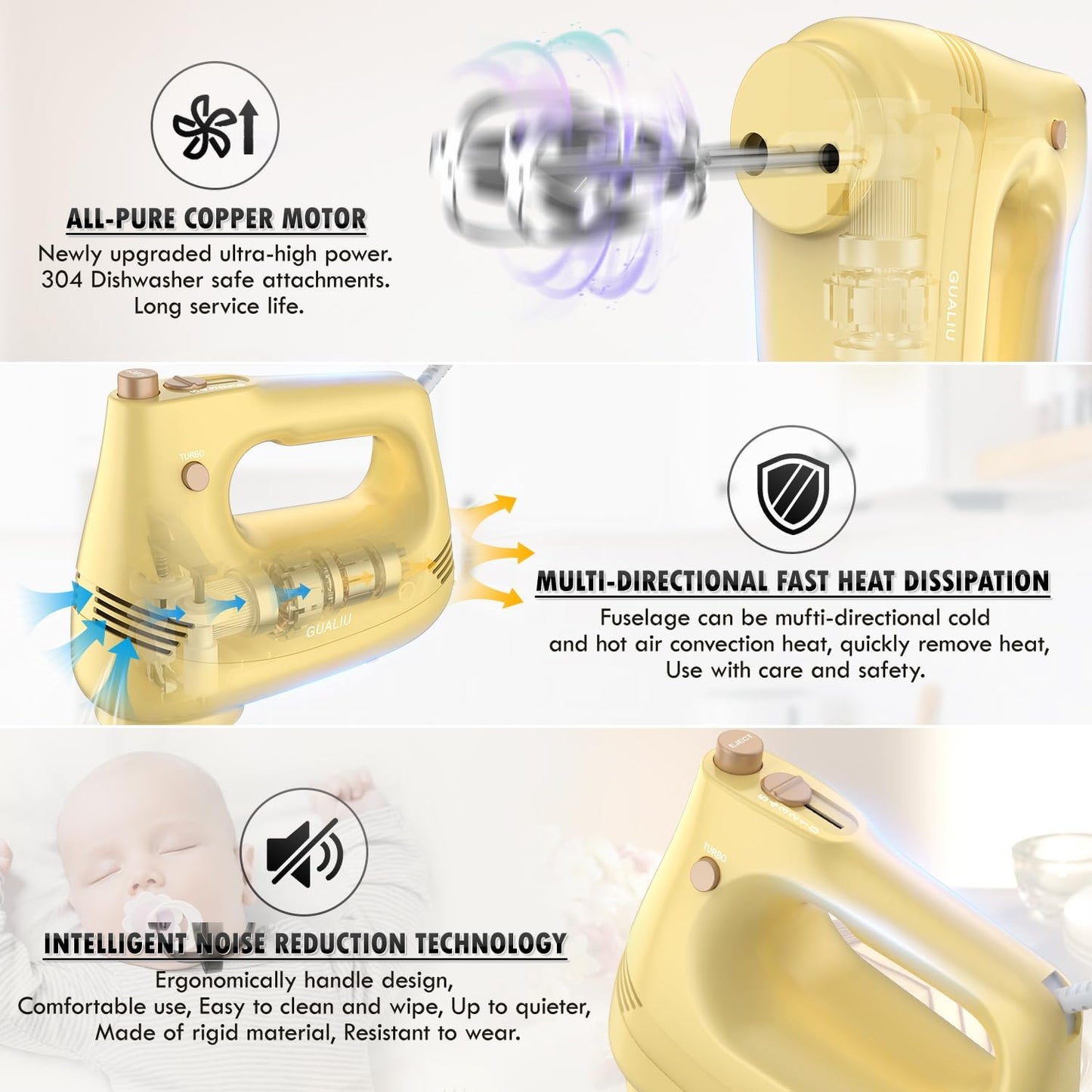 Electric Hand Mixer with Stainless Steel Whisk, Dough Hook Attachment and Storage Bag, Handheld Mixer for Baking Cakes, Eggs, Cream Food Mixers. Turbo Boost /5 Speed Kitchen Blender Yellow