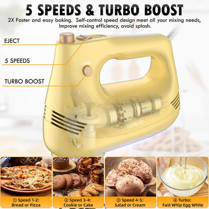 Electric Hand Mixer with Stainless Steel Whisk, Dough Hook Attachment and Storage Bag, Handheld Mixer for Baking Cakes, Eggs, Cream Food Mixers. Turbo Boost /5 Speed Kitchen Blender Yellow