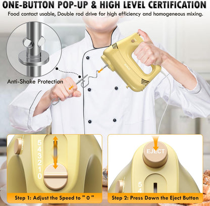 Electric Hand Mixer with Stainless Steel Whisk, Dough Hook Attachment and Storage Bag, Handheld Mixer for Baking Cakes, Eggs, Cream Food Mixers. Turbo Boost /5 Speed Kitchen Blender Yellow