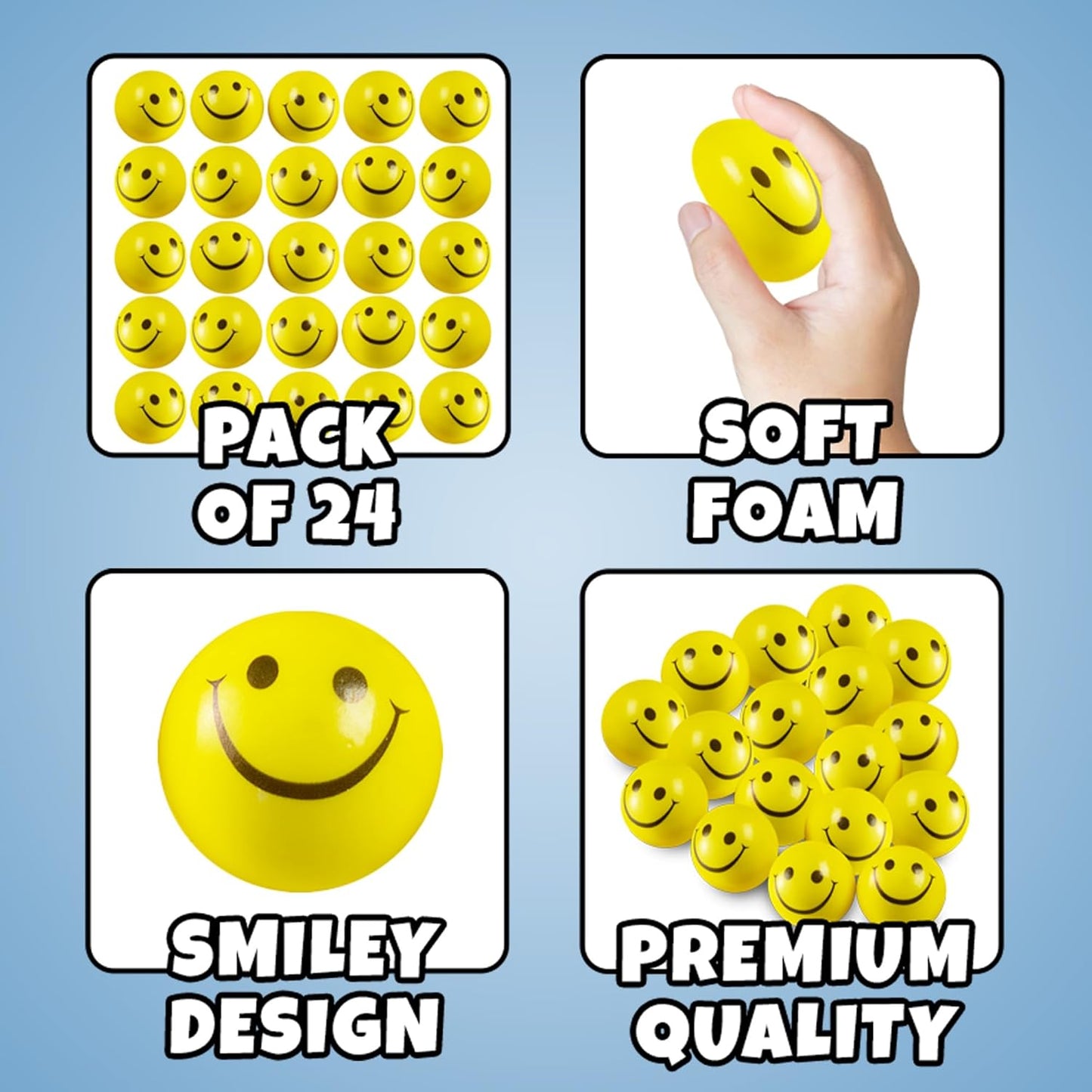 24 Smile Face Stress Balls, Squishy Toys Bulk for Adults and Kids | Happy Face Yellow Party Favors, Goodie Bags Pinata Stuffers, Squeeze Balls for Hand Therapy, Classroom Prize 2 Inch Mini Toys