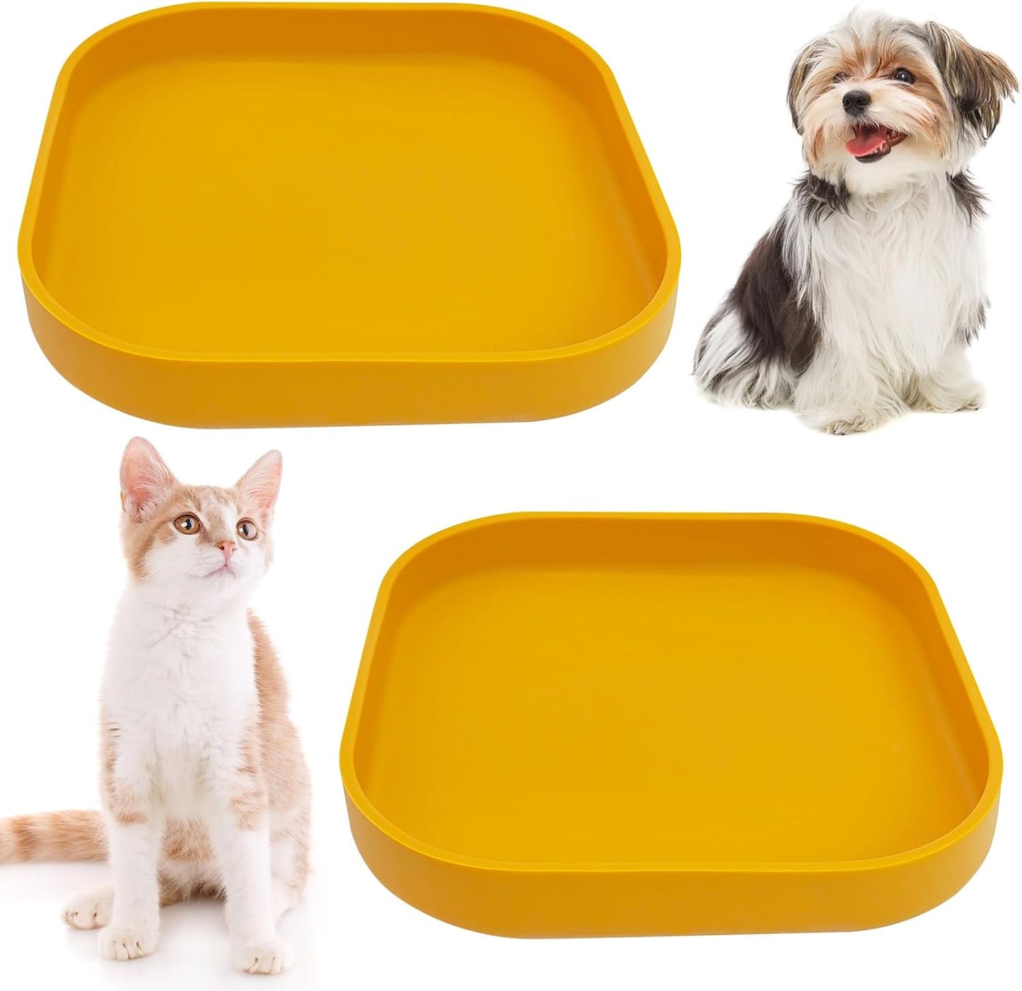 2PCS Silicone Cat Bowls Set 5.9 x 5.9 in Shallow Dog Dish Whisker Friendly Cat Food Plate for Dry & Wet Food Dishwasher Safe Non-Slip Pet Feeding Bowls for Kittens and Puppies (Yellow)