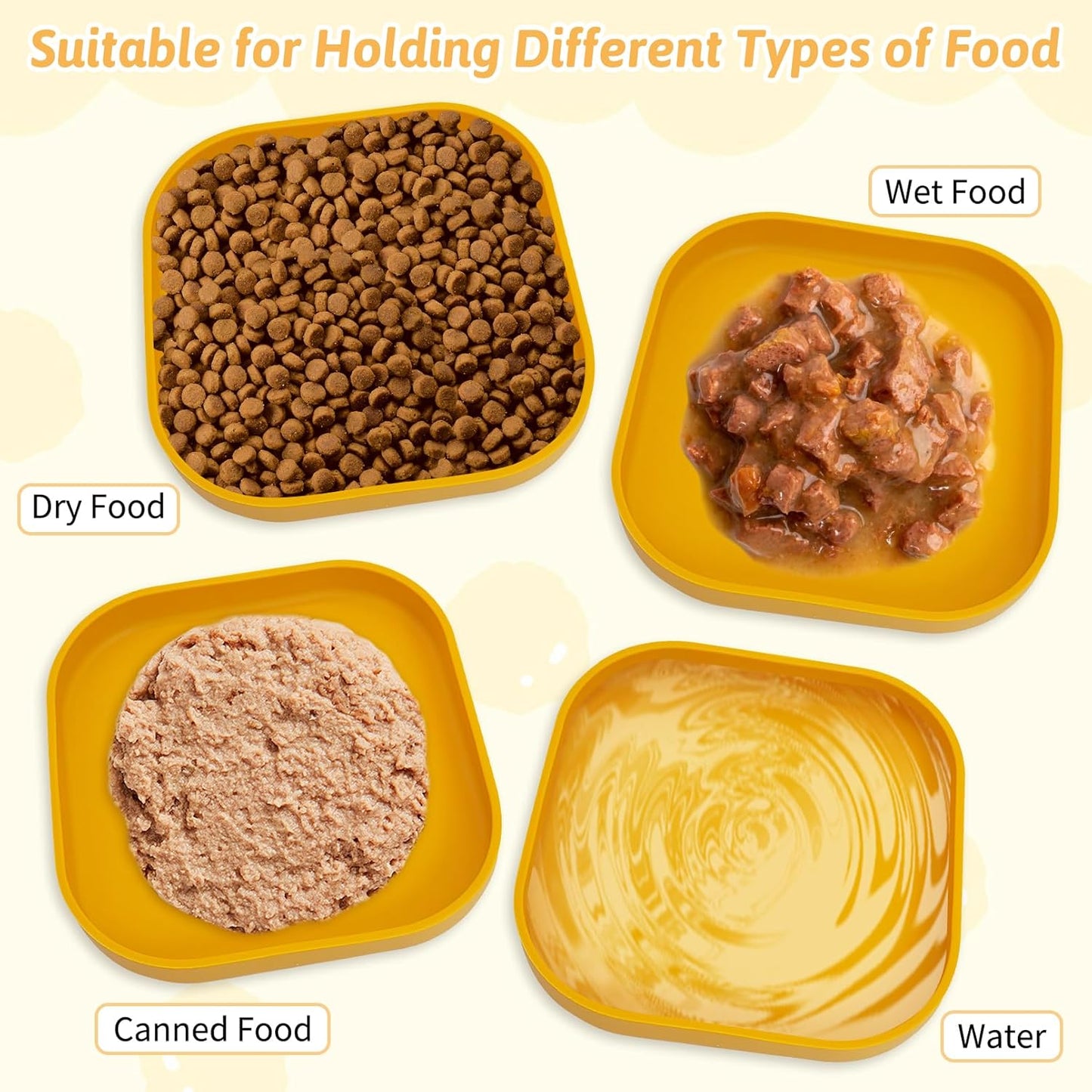 2PCS Silicone Cat Bowls Set 5.9 x 5.9 in Shallow Dog Dish Whisker Friendly Cat Food Plate for Dry & Wet Food Dishwasher Safe Non-Slip Pet Feeding Bowls for Kittens and Puppies (Yellow)