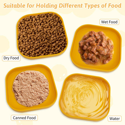 2PCS Silicone Cat Bowls Set 5.9 x 5.9 in Shallow Dog Dish Whisker Friendly Cat Food Plate for Dry & Wet Food Dishwasher Safe Non-Slip Pet Feeding Bowls for Kittens and Puppies (Yellow)