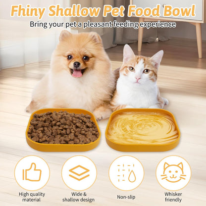 2PCS Silicone Cat Bowls Set 5.9 x 5.9 in Shallow Dog Dish Whisker Friendly Cat Food Plate for Dry & Wet Food Dishwasher Safe Non-Slip Pet Feeding Bowls for Kittens and Puppies (Yellow)