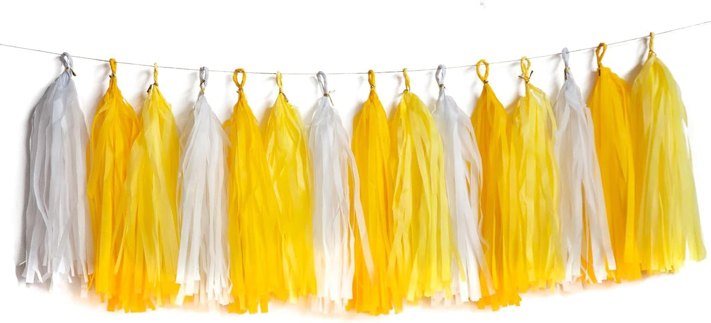Yellow and White Tassel Garland Paper Tissue Tassels Garland for Party Decorations, Pack of 15