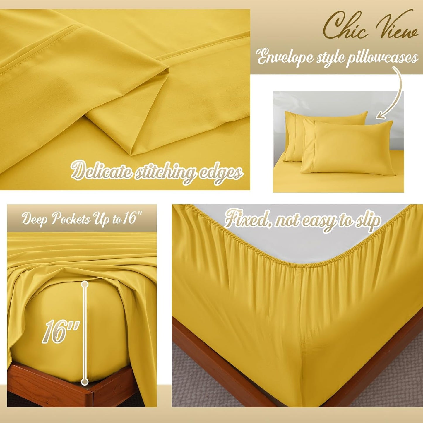 Queen Sheet Set,4 Pieces Hotel Luxury Breathable Soft Microfiber Bedsheets, Anti Pilling Deep Pockets Easy Care Bed Sheets, Yellow