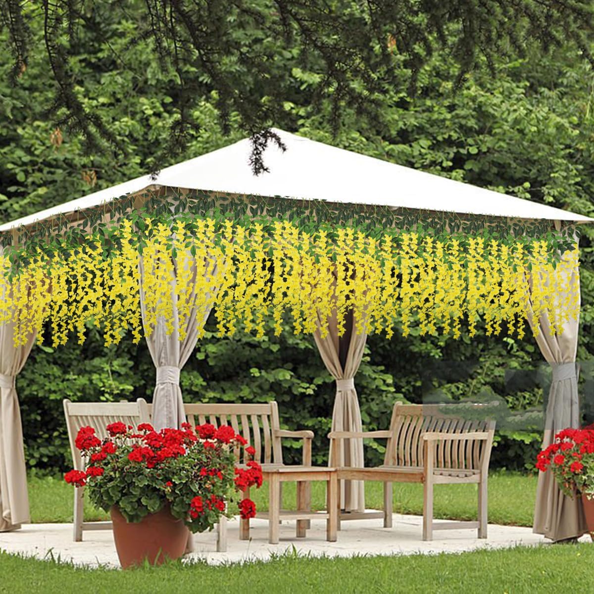 Artificial Wisteria Hanging Flowers Fake Wisteria Flower Garland Silk Vines Rattan Decor for Home Wedding Arch Wall Garden Greenery Bedroom Outdoor Office Party Decoration(24, Yellow)