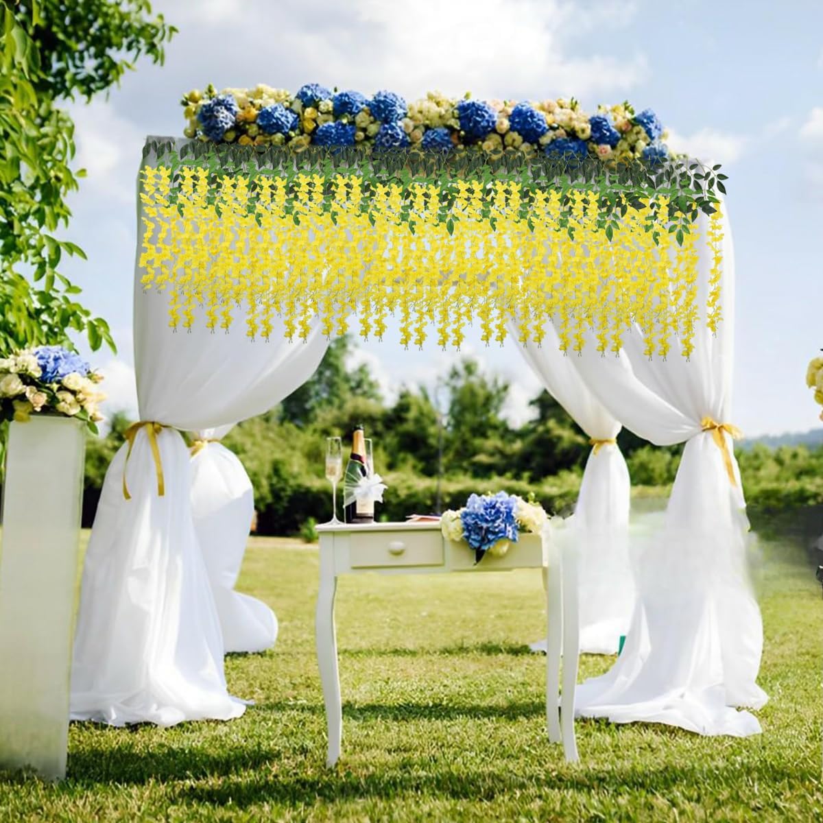 Artificial Wisteria Hanging Flowers Fake Wisteria Flower Garland Silk Vines Rattan Decor for Home Wedding Arch Wall Garden Greenery Bedroom Outdoor Office Party Decoration(24, Yellow)