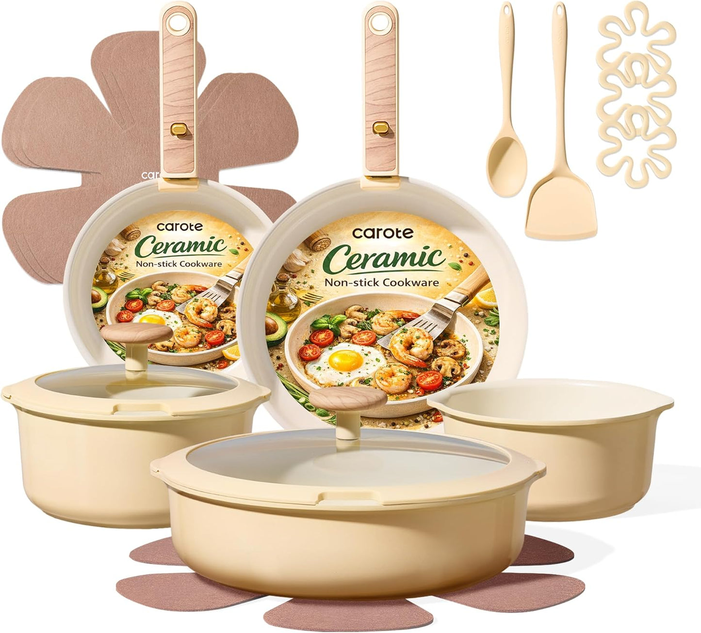 18 Pcs Ceramic Cookware Set Detachable Handle, Non Toxic Pots and Pans Set Non Stick, Induction Kitchen Cookware Removable Handles, Oven Safe, Stackable RV/Camping Cooking Set, Yellow