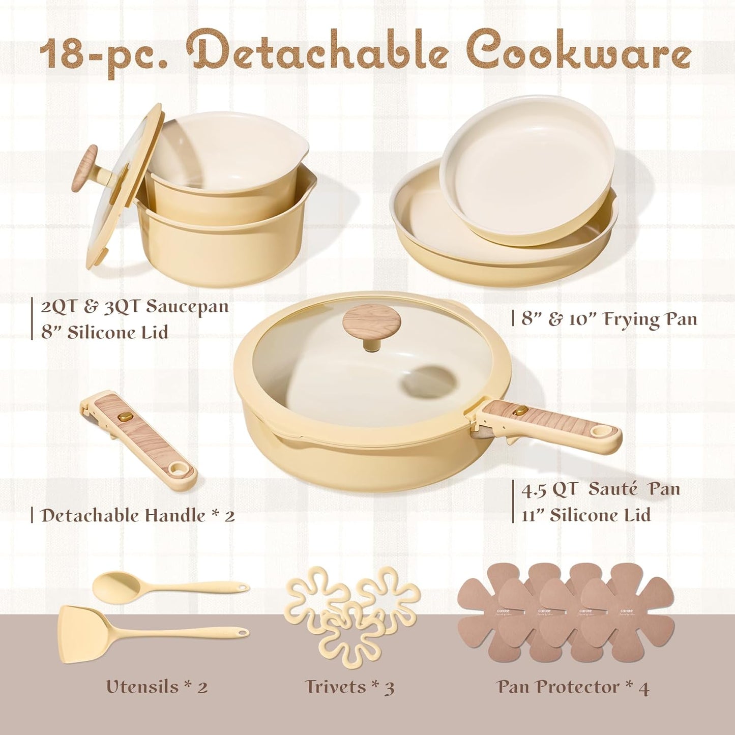18 Pcs Ceramic Cookware Set Detachable Handle, Non Toxic Pots and Pans Set Non Stick, Induction Kitchen Cookware Removable Handles, Oven Safe, Stackable RV/Camping Cooking Set, Yellow