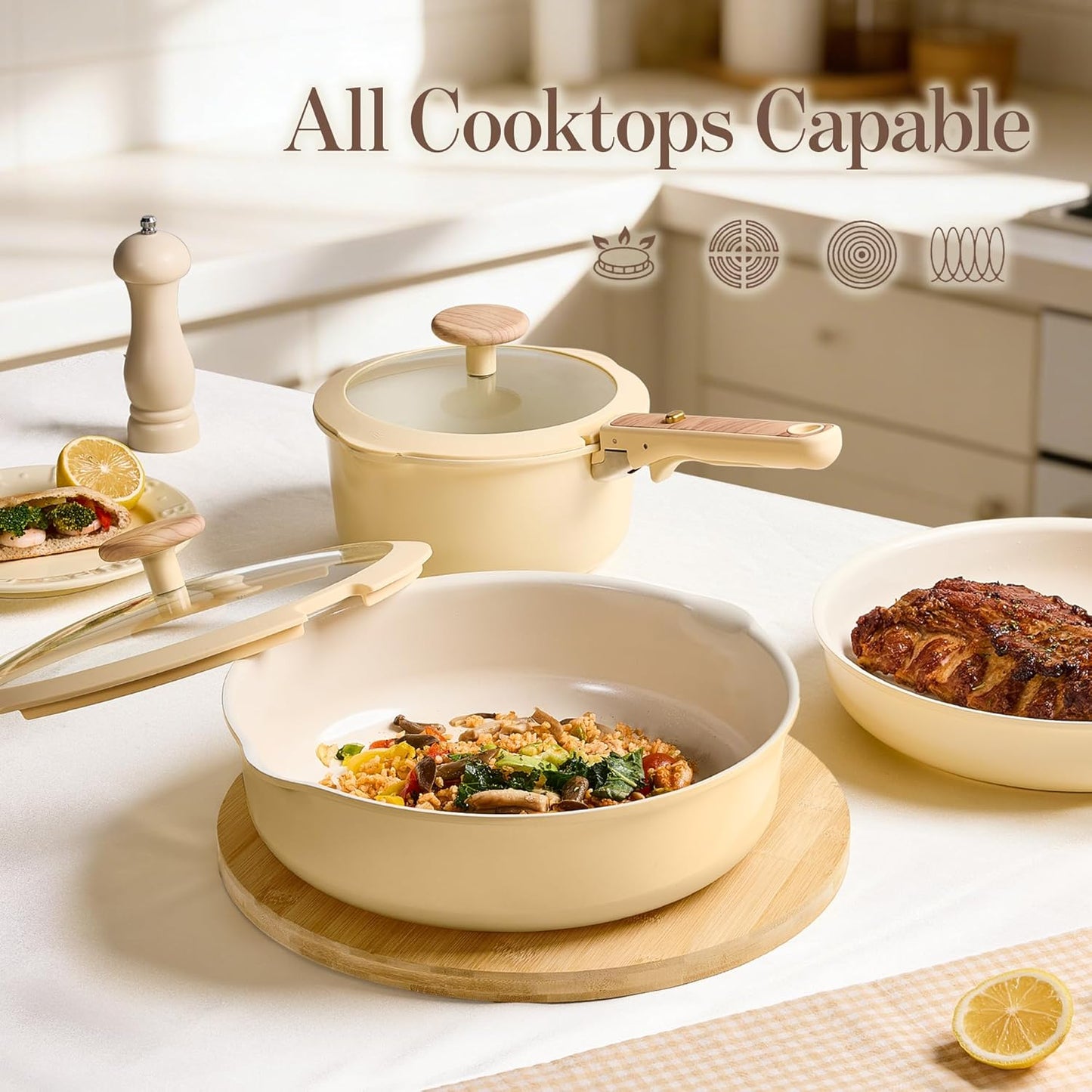 18 Pcs Ceramic Cookware Set Detachable Handle, Non Toxic Pots and Pans Set Non Stick, Induction Kitchen Cookware Removable Handles, Oven Safe, Stackable RV/Camping Cooking Set, Yellow