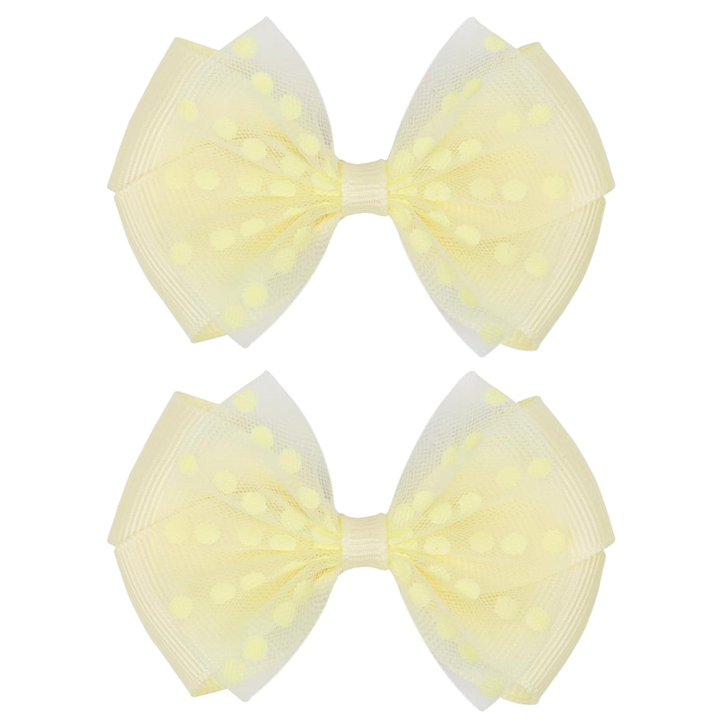 Tiny 3 Inch Dot Organza Double Hair Bow Clips - Cute Lined Boutique Alligator Hairpin for Girls, Toddlers, and Little Teens - Kids Barrettes Set of 2 Small Stylish (Yellow)