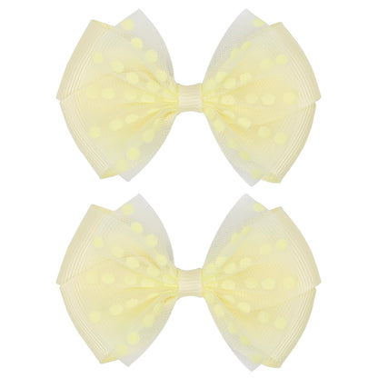 Tiny 3 Inch Dot Organza Double Hair Bow Clips - Cute Lined Boutique Alligator Hairpin for Girls, Toddlers, and Little Teens - Kids Barrettes Set of 2 Small Stylish (Yellow)