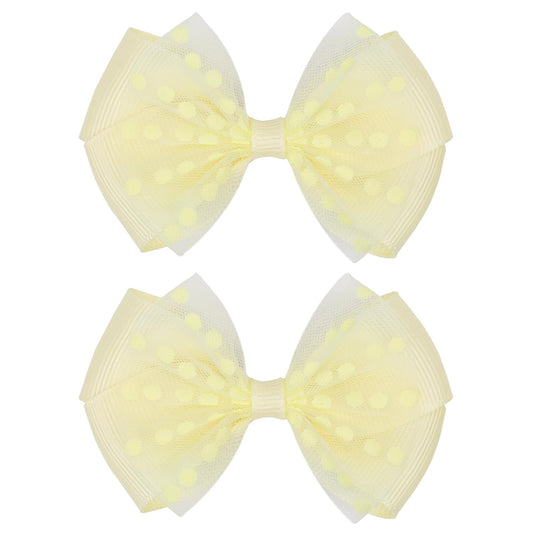 Tiny 3 Inch Dot Organza Double Hair Bow Clips - Cute Lined Boutique Alligator Hairpin for Girls, Toddlers, and Little Teens - Kids Barrettes Set of 2 Small Stylish (Yellow)