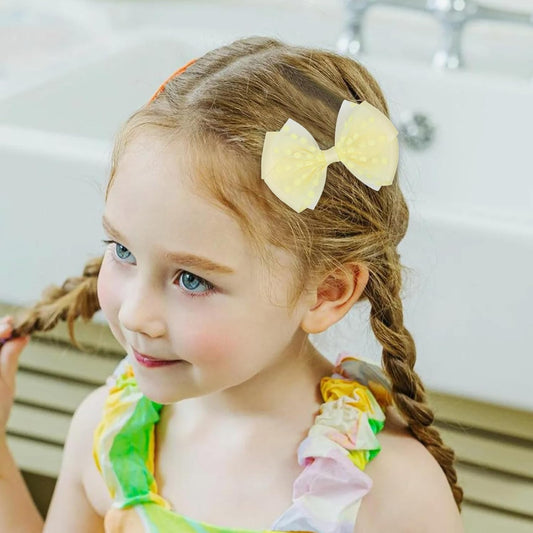 Tiny 3 Inch Dot Organza Double Hair Bow Clips - Cute Lined Boutique Alligator Hairpin for Girls, Toddlers, and Little Teens - Kids Barrettes Set of 2 Small Stylish (Yellow)