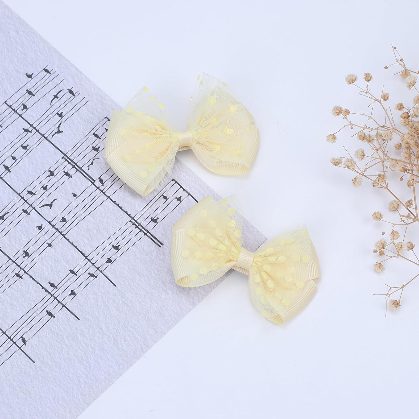 Tiny 3 Inch Dot Organza Double Hair Bow Clips - Cute Lined Boutique Alligator Hairpin for Girls, Toddlers, and Little Teens - Kids Barrettes Set of 2 Small Stylish (Yellow)