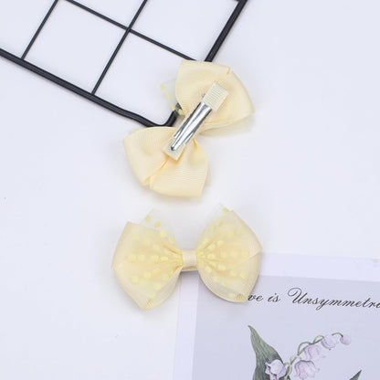 Tiny 3 Inch Dot Organza Double Hair Bow Clips - Cute Lined Boutique Alligator Hairpin for Girls, Toddlers, and Little Teens - Kids Barrettes Set of 2 Small Stylish (Yellow)