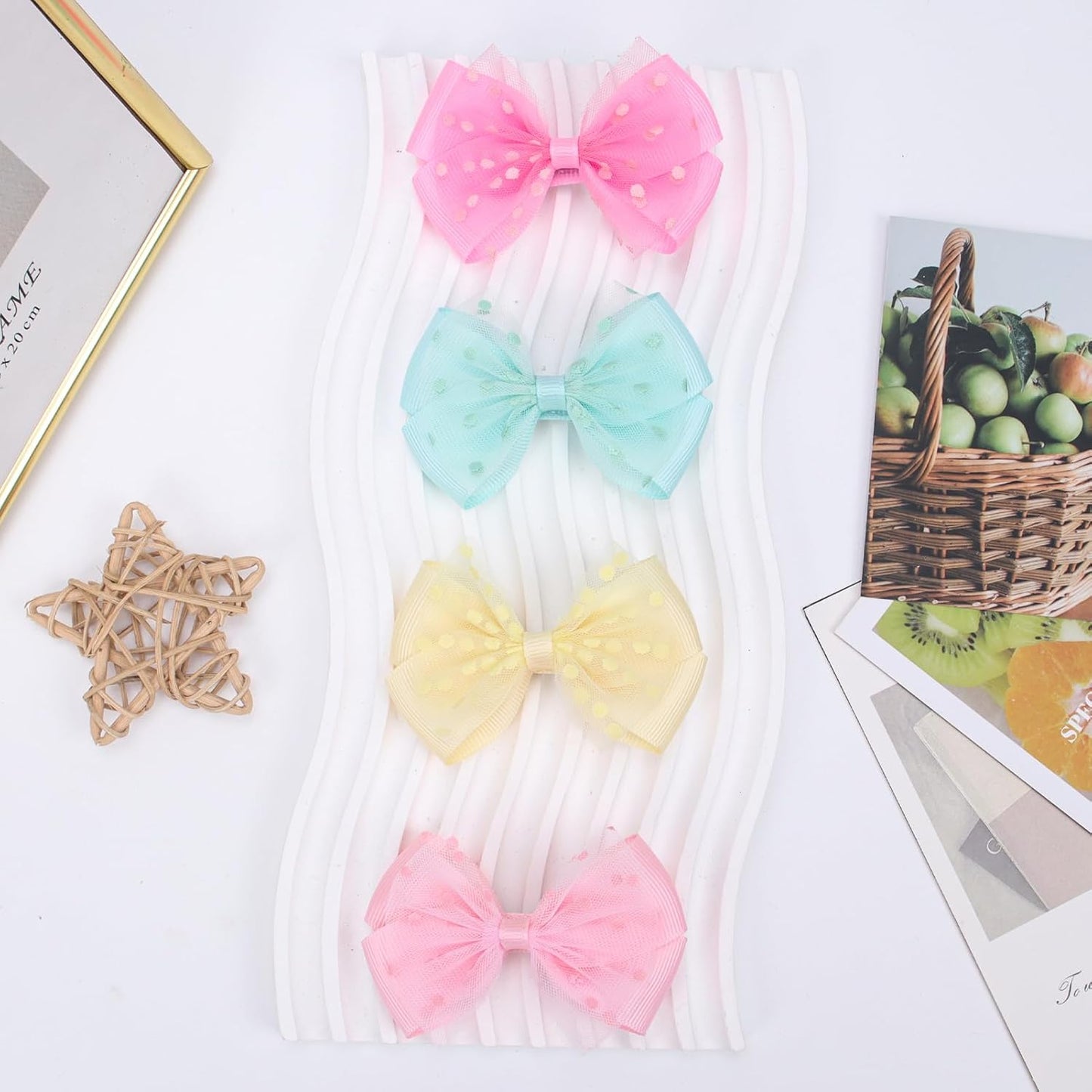 Tiny 3 Inch Dot Organza Double Hair Bow Clips - Cute Lined Boutique Alligator Hairpin for Girls, Toddlers, and Little Teens - Kids Barrettes Set of 2 Small Stylish (Yellow)