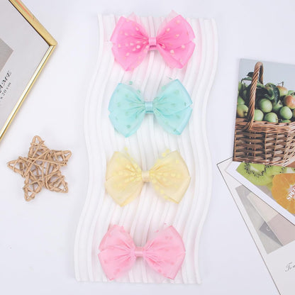 Tiny 3 Inch Dot Organza Double Hair Bow Clips - Cute Lined Boutique Alligator Hairpin for Girls, Toddlers, and Little Teens - Kids Barrettes Set of 2 Small Stylish (Yellow)