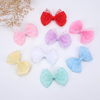 Tiny 3 Inch Dot Organza Double Hair Bow Clips - Cute Lined Boutique Alligator Hairpin for Girls, Toddlers, and Little Teens - Kids Barrettes Set of 2 Small Stylish (Yellow)
