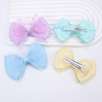 Tiny 3 Inch Dot Organza Double Hair Bow Clips - Cute Lined Boutique Alligator Hairpin for Girls, Toddlers, and Little Teens - Kids Barrettes Set of 2 Small Stylish (Yellow)