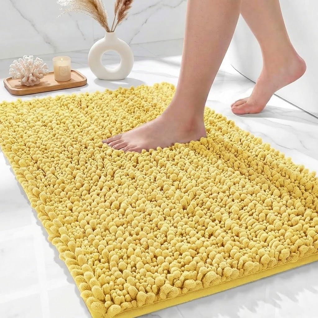 Bathroom Rugs Non Slip Washable, Extra Thick Soft Chenille Absorbent Bath Mat, High Density Barrier Non Slip Backing, Quick Dry Plush Shaggy Floor Carpet for Tub&Shower 24x17, Yellow