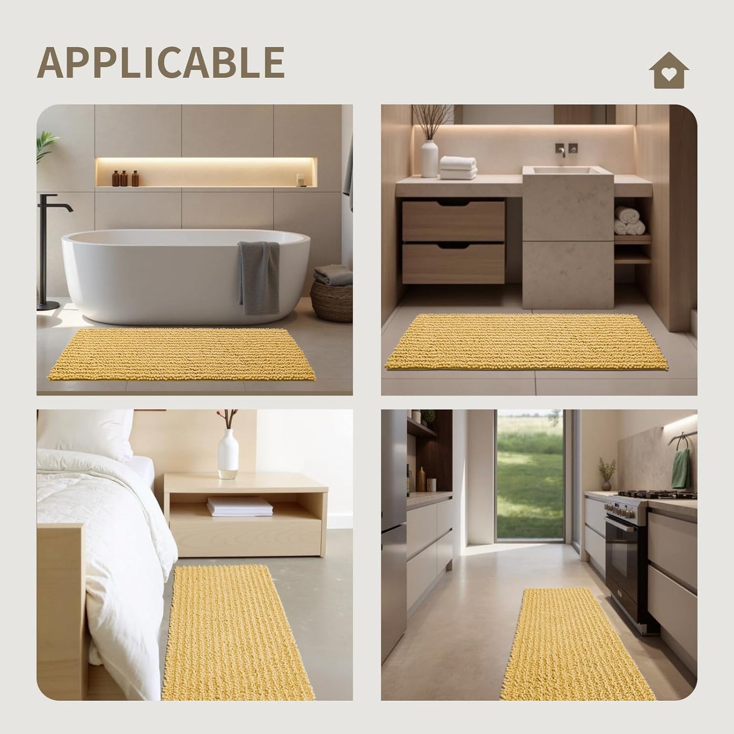Bathroom Rugs Non Slip Washable, Extra Thick Soft Chenille Absorbent Bath Mat, High Density Barrier Non Slip Backing, Quick Dry Plush Shaggy Floor Carpet for Tub&Shower 24x17, Yellow
