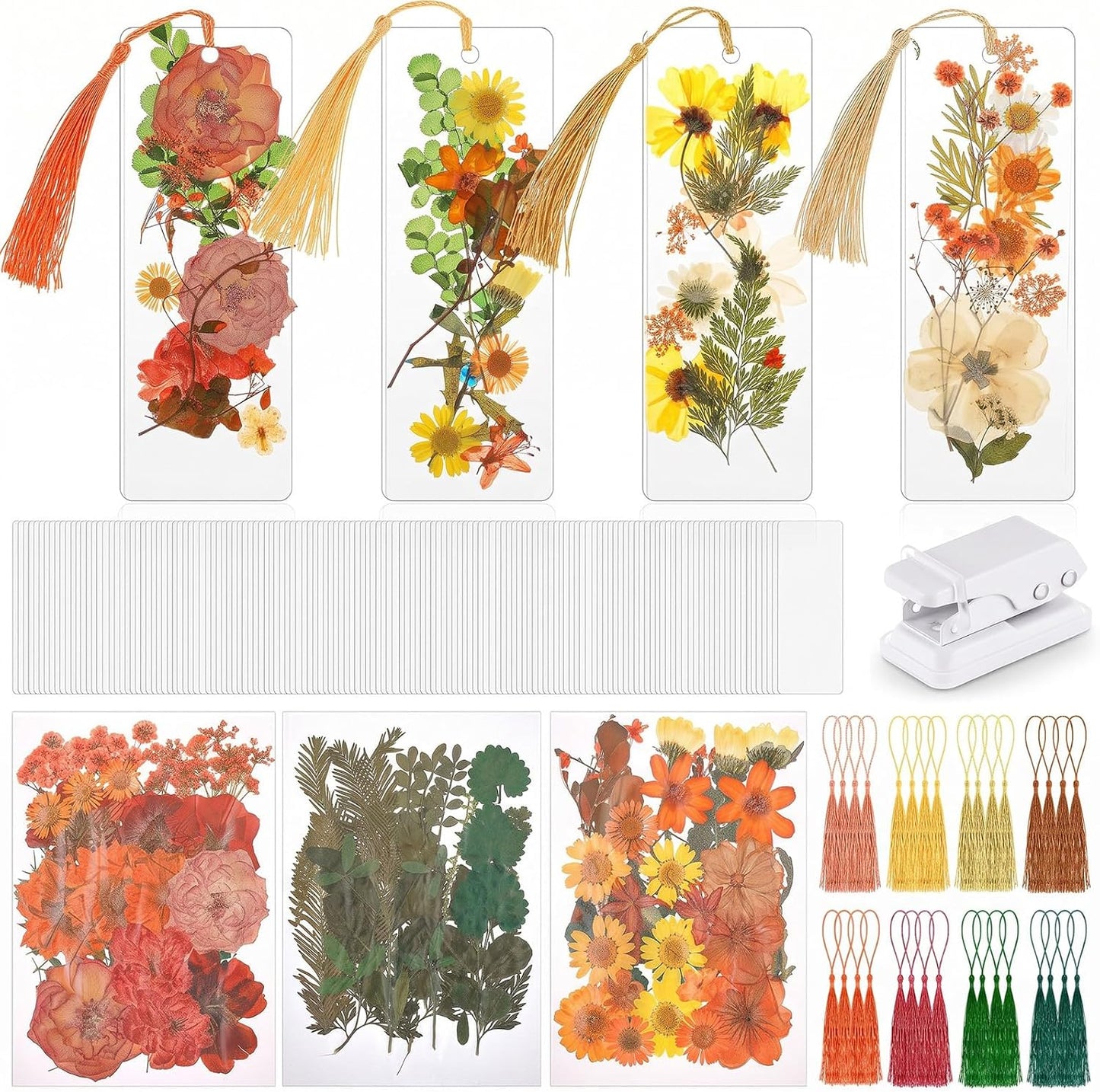Fuyoooo 376 Pcs Pressed Flowers Bookmark Making Kit, DIY Bookmark Laminating Pouches with Tassels and Puncher, Handmade Craft Kit for Women, DIY Gifts for Book Lovers (Orange Yellow,2 x 6 Inch)