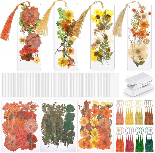 Fuyoooo 376 Pcs Pressed Flowers Bookmark Making Kit, DIY Bookmark Laminating Pouches with Tassels and Puncher, Handmade Craft Kit for Women, DIY Gifts for Book Lovers (Orange Yellow,2 x 6 Inch)