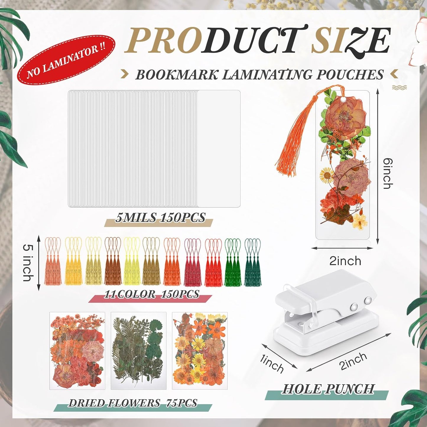 Fuyoooo 376 Pcs Pressed Flowers Bookmark Making Kit, DIY Bookmark Laminating Pouches with Tassels and Puncher, Handmade Craft Kit for Women, DIY Gifts for Book Lovers (Orange Yellow,2 x 6 Inch)