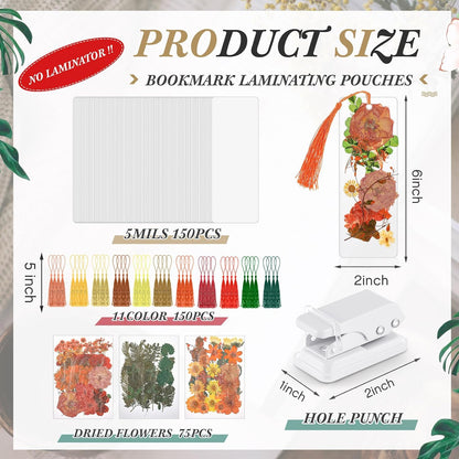 Fuyoooo 376 Pcs Pressed Flowers Bookmark Making Kit, DIY Bookmark Laminating Pouches with Tassels and Puncher, Handmade Craft Kit for Women, DIY Gifts for Book Lovers (Orange Yellow,2 x 6 Inch)