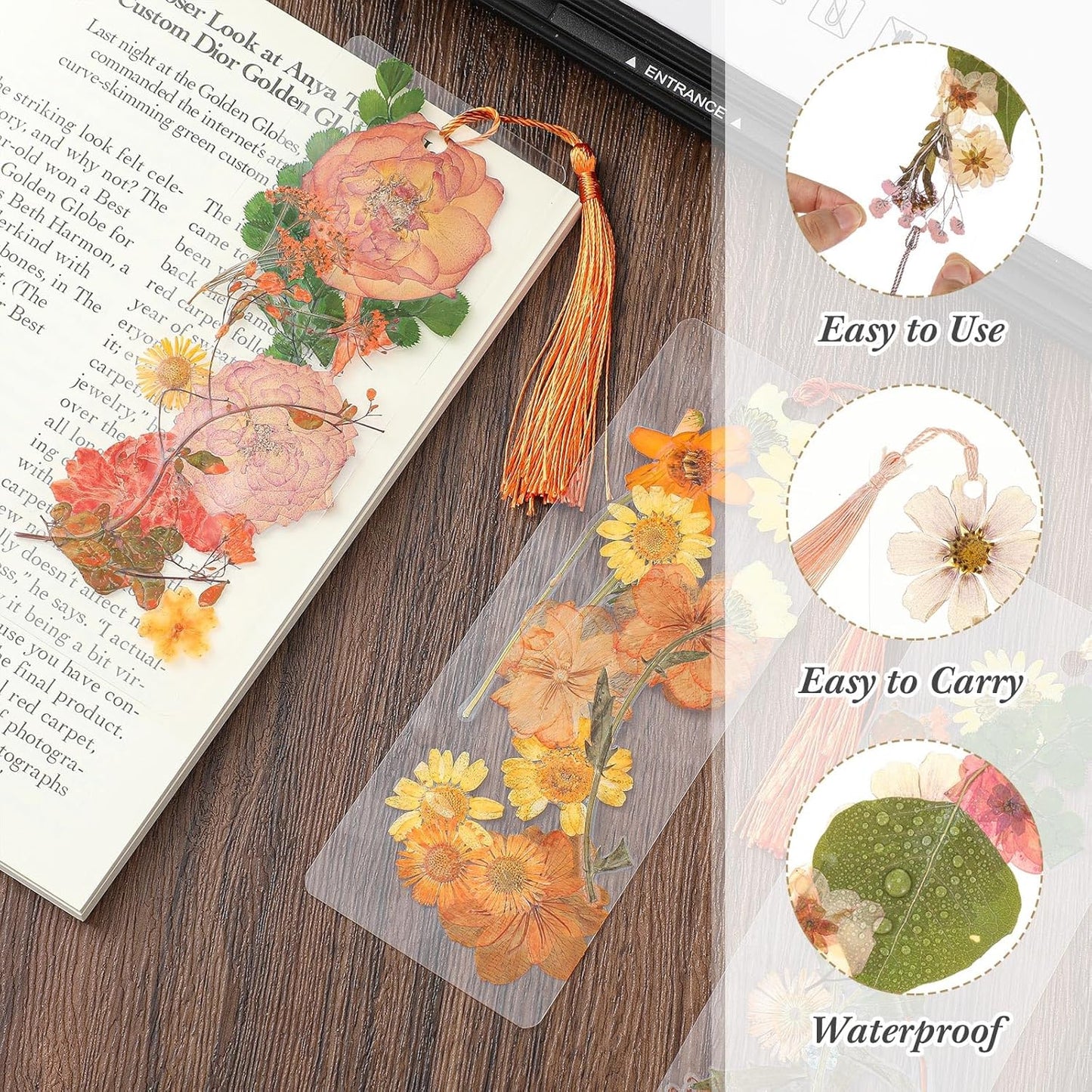 Fuyoooo 376 Pcs Pressed Flowers Bookmark Making Kit, DIY Bookmark Laminating Pouches with Tassels and Puncher, Handmade Craft Kit for Women, DIY Gifts for Book Lovers (Orange Yellow,2 x 6 Inch)