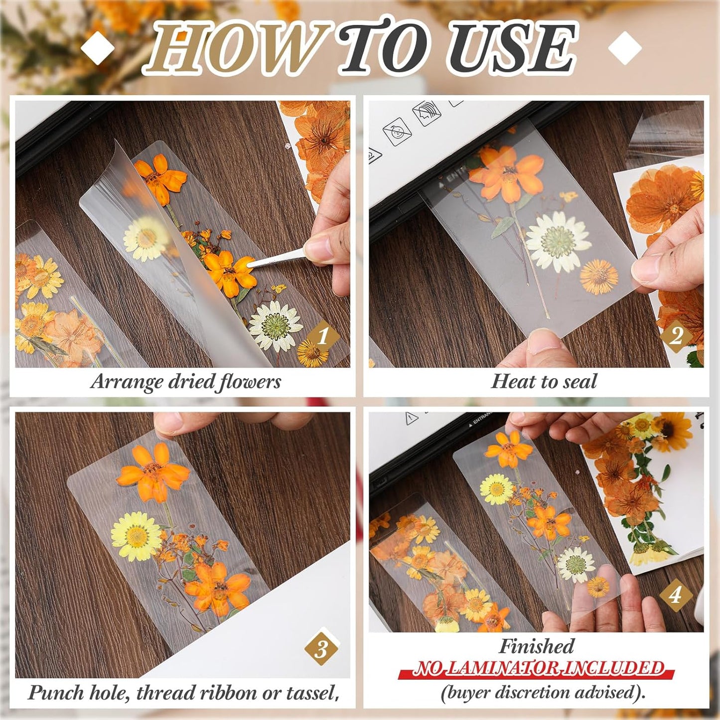 Fuyoooo 376 Pcs Pressed Flowers Bookmark Making Kit, DIY Bookmark Laminating Pouches with Tassels and Puncher, Handmade Craft Kit for Women, DIY Gifts for Book Lovers (Orange Yellow,2 x 6 Inch)