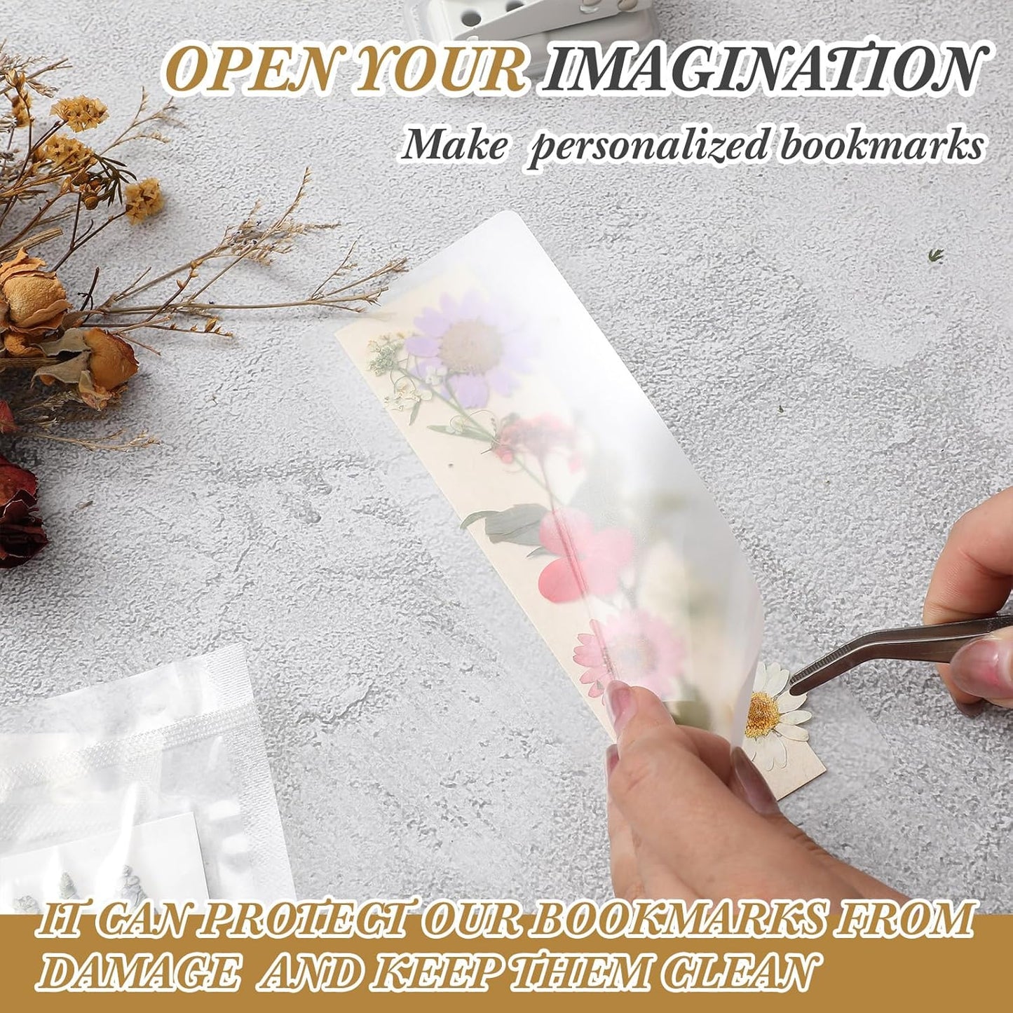 Fuyoooo 376 Pcs Pressed Flowers Bookmark Making Kit, DIY Bookmark Laminating Pouches with Tassels and Puncher, Handmade Craft Kit for Women, DIY Gifts for Book Lovers (Orange Yellow,2 x 6 Inch)