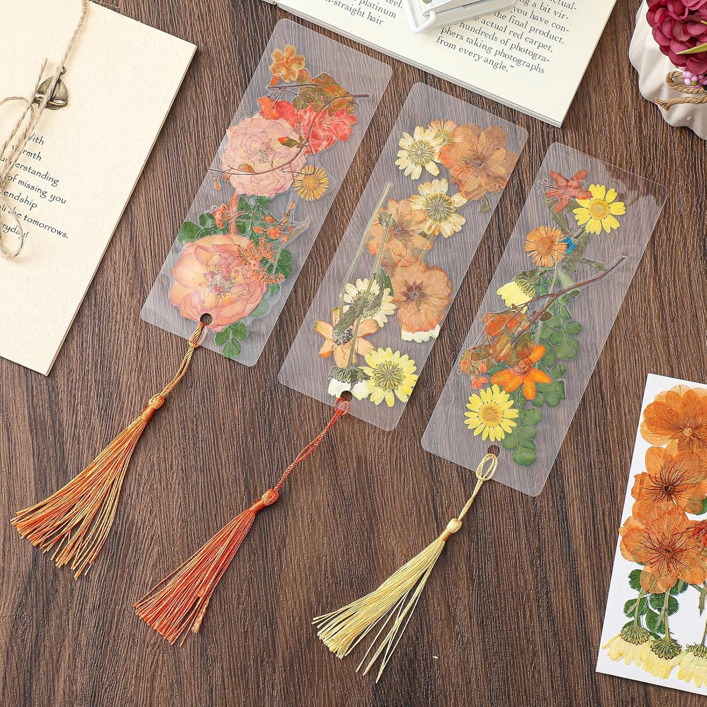 Fuyoooo 376 Pcs Pressed Flowers Bookmark Making Kit, DIY Bookmark Laminating Pouches with Tassels and Puncher, Handmade Craft Kit for Women, DIY Gifts for Book Lovers (Orange Yellow,2 x 6 Inch)