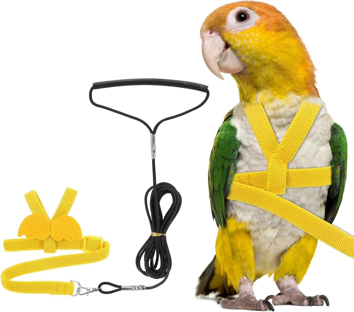 Bird Harness Leash, Adjustable Pet Parrot Bird Harness and Leash Lightweight Anti-Bite Flight Training Rope with Cute Wing, (Yellow, XS), Intended for Parrots/Pigeons/Budgies