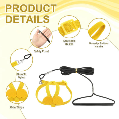 Bird Harness Leash, Adjustable Pet Parrot Bird Harness and Leash Lightweight Anti-Bite Flight Training Rope with Cute Wing, (Yellow, XS), Intended for Parrots/Pigeons/Budgies