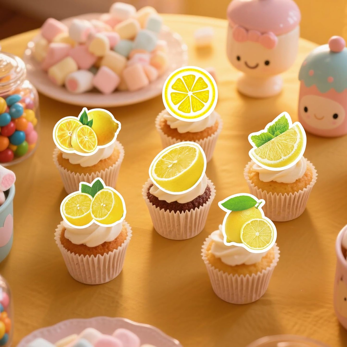 72Pcs Edible Lemon Cupcake Toppers Fruits Theme Party Decorations Lemonade Theme Cupcake Toppers for Summer Fruit Theme Theme Party Wedding Bridal Shower Supplies