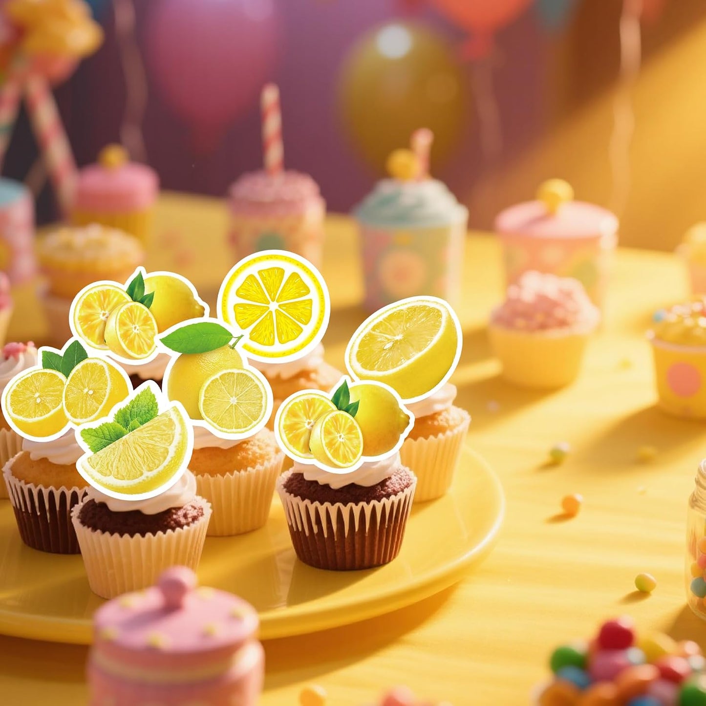 72Pcs Edible Lemon Cupcake Toppers Fruits Theme Party Decorations Lemonade Theme Cupcake Toppers for Summer Fruit Theme Theme Party Wedding Bridal Shower Supplies