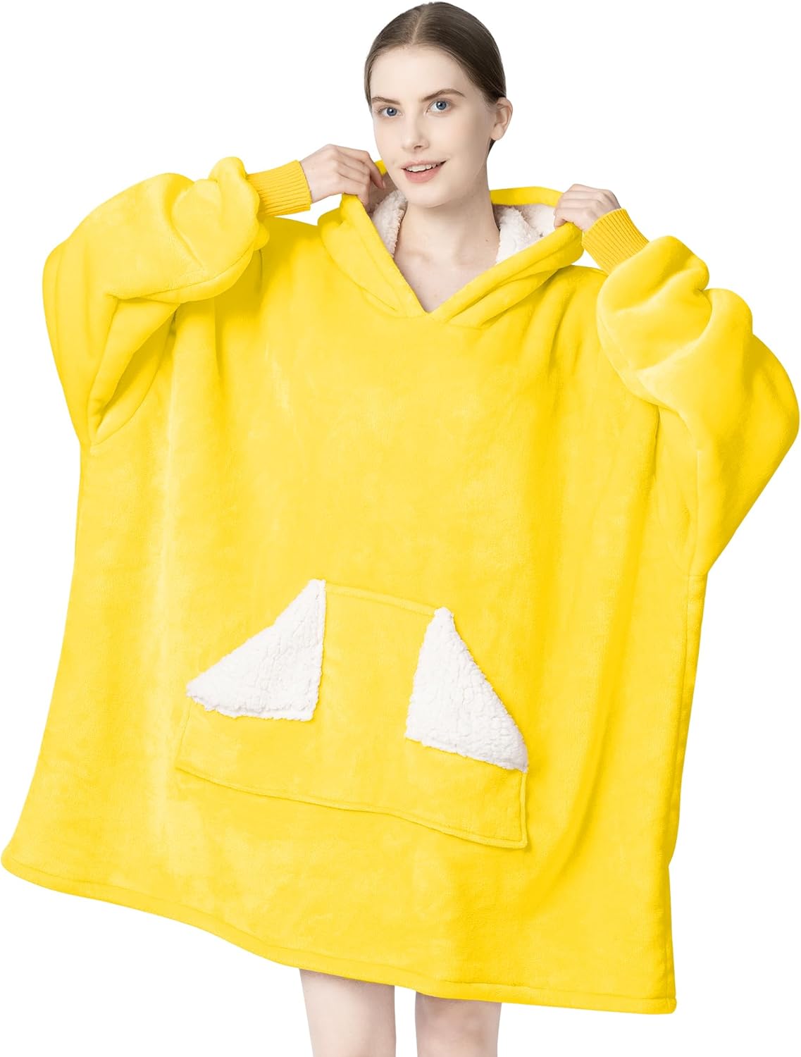 Wearable Blanket Hoodie, Oversized Sherpa Fleece Sweatshirt Blanket with Giant Hood Pocket and Sleeves for Adult, Warm & Cozy Blanket Gifts for Women (Butter Yellow)