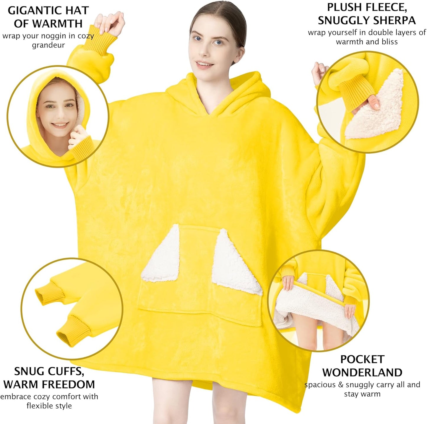 Wearable Blanket Hoodie, Oversized Sherpa Fleece Sweatshirt Blanket with Giant Hood Pocket and Sleeves for Adult, Warm & Cozy Blanket Gifts for Women (Butter Yellow)