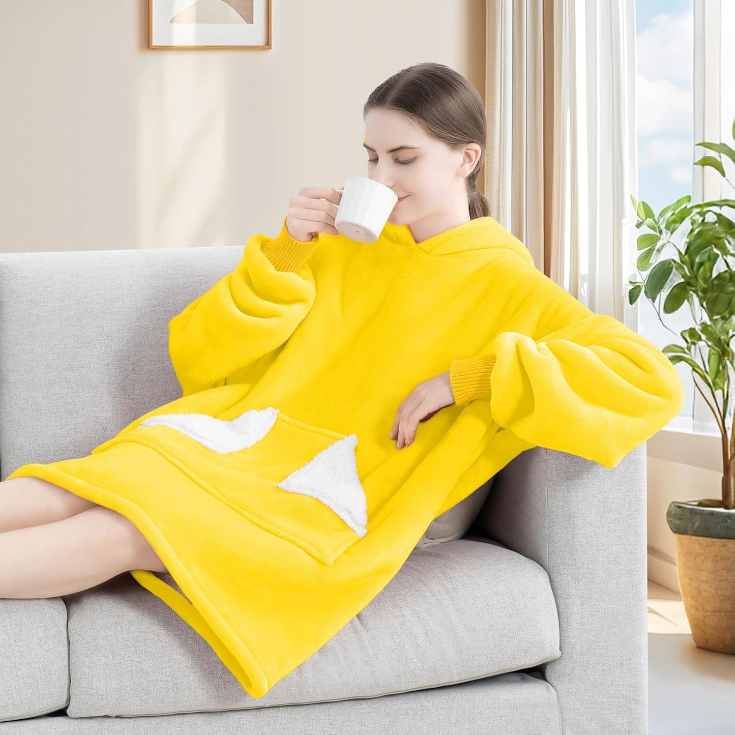 Wearable Blanket Hoodie, Oversized Sherpa Fleece Sweatshirt Blanket with Giant Hood Pocket and Sleeves for Adult, Warm & Cozy Blanket Gifts for Women (Butter Yellow)
