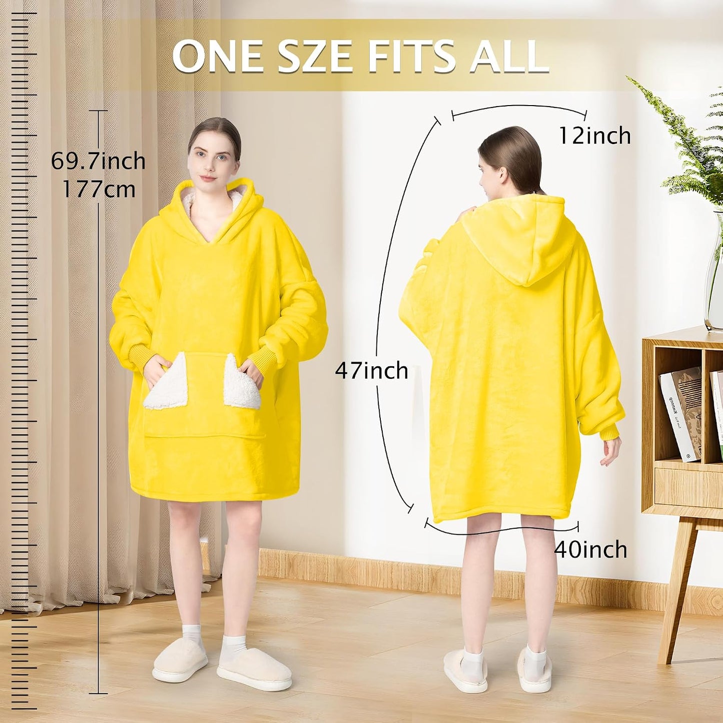 Wearable Blanket Hoodie, Oversized Sherpa Fleece Sweatshirt Blanket with Giant Hood Pocket and Sleeves for Adult, Warm & Cozy Blanket Gifts for Women (Butter Yellow)
