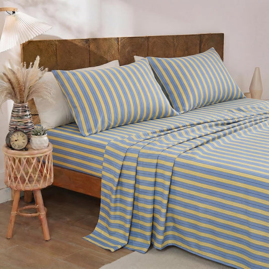Blue & Yellow Striped Sheet Set Queen Size, 100% Cotton Fitted Sheet Set with Deep Pockets, Crisp Cool Feeling, Ribbon Stripes Design, 4-Piece All Season Bedding