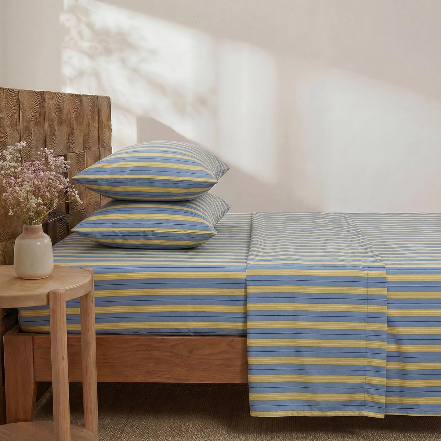 Blue & Yellow Striped Sheet Set Queen Size, 100% Cotton Fitted Sheet Set with Deep Pockets, Crisp Cool Feeling, Ribbon Stripes Design, 4-Piece All Season Bedding